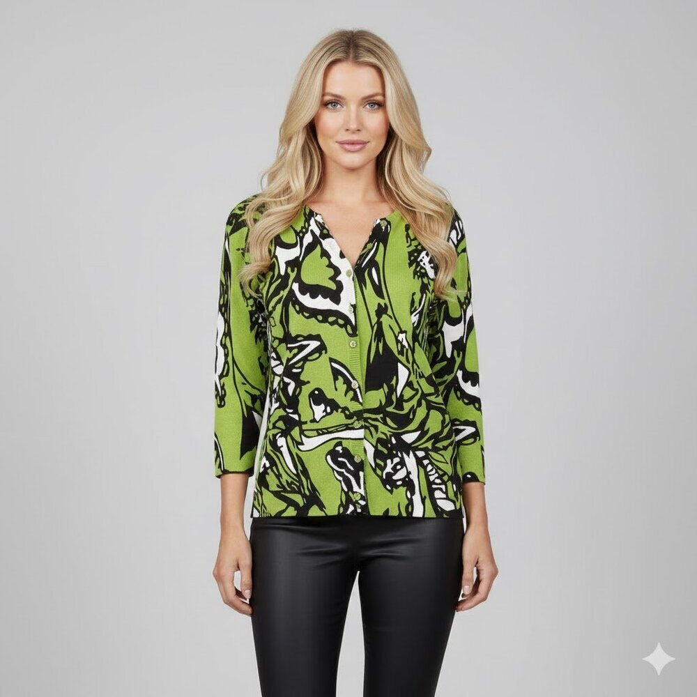Vibrant Green and Black Patterned Button Up Cardigan